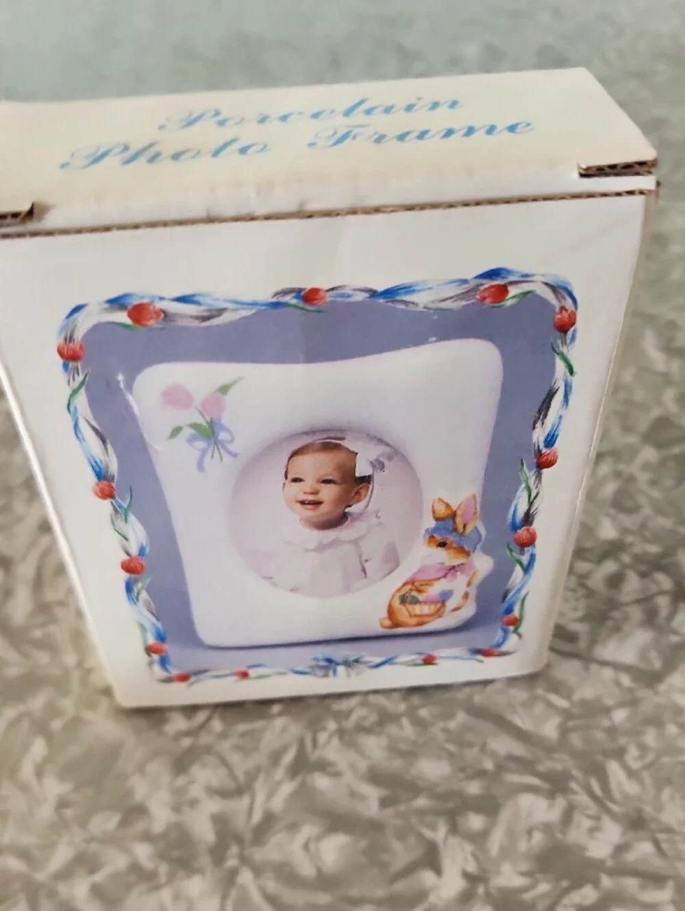 Classic White Ceramic Baby Picture Frame with Lavender Accent